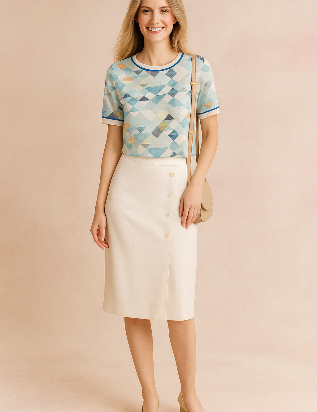 Short-sleeved geometric print T-shirt with soft aqua and teal tones, accented by contrasting orange and navy triangle details, finished with cream ribbed hems and navy trim.