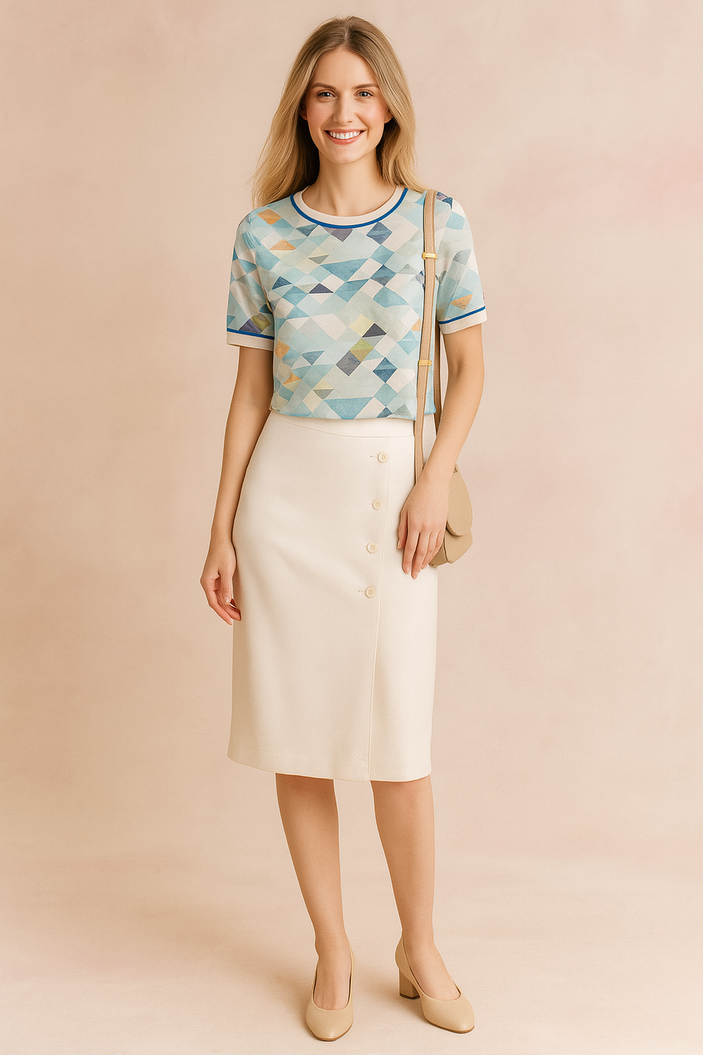 Short-sleeved geometric print T-shirt with soft aqua and teal tones, accented by contrasting orange and navy triangle details, finished with cream ribbed hems and navy trim.