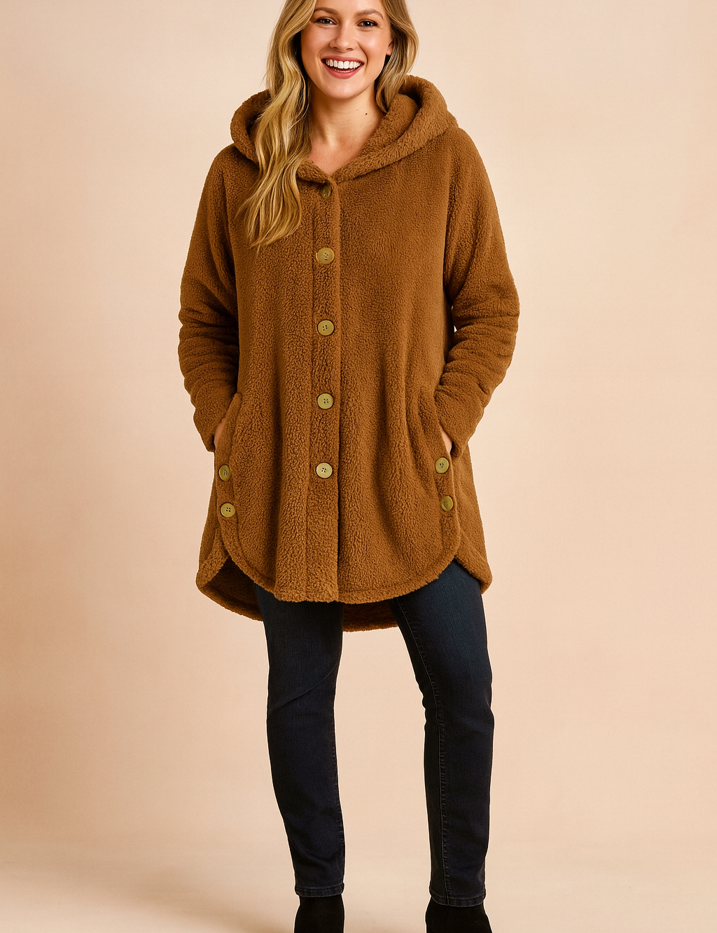 Women's ginger fleece hooded jacket with button front and side pockets, designed in a relaxed fit with long sleeves and curved hem