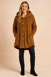 Women's ginger fleece hooded jacket with button front and side pockets, designed in a relaxed fit with long sleeves and curved hem