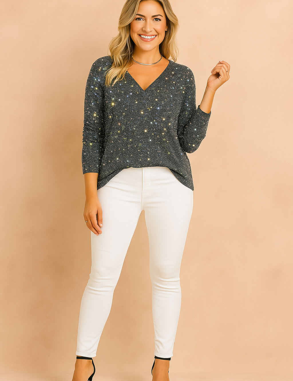 Dazzling black V-neck sequin blouse with long sleeves, featuring a multicolored sparkle effect and a relaxed fit, paired with sleek white skinny trousers.