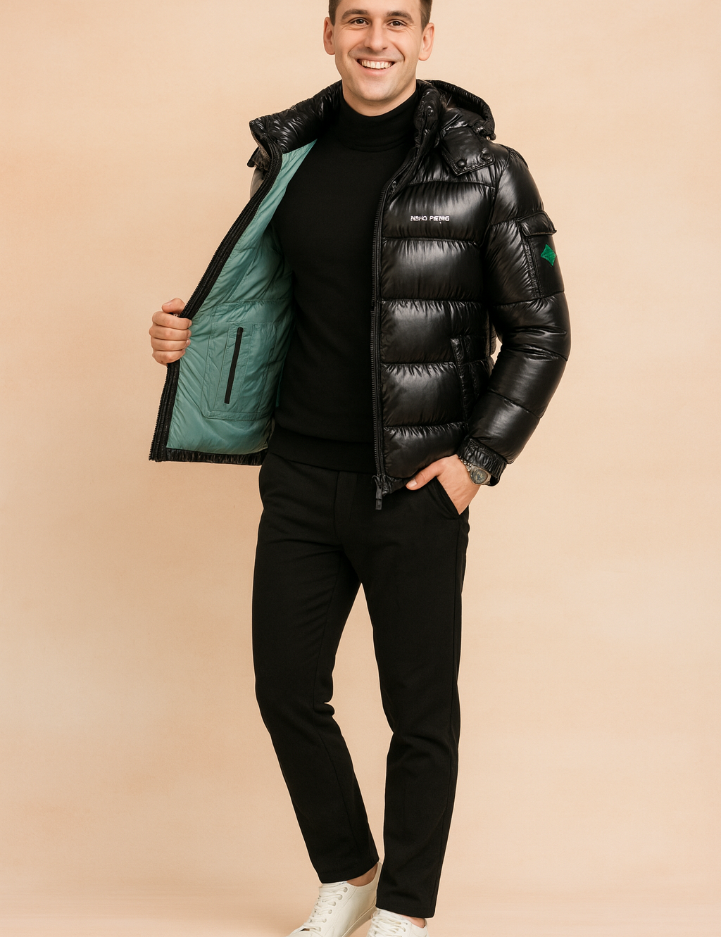 Glossy black puffer jacket with green lining, front zipper closure, padded sections, and hood, styled in a sleek casual fit.