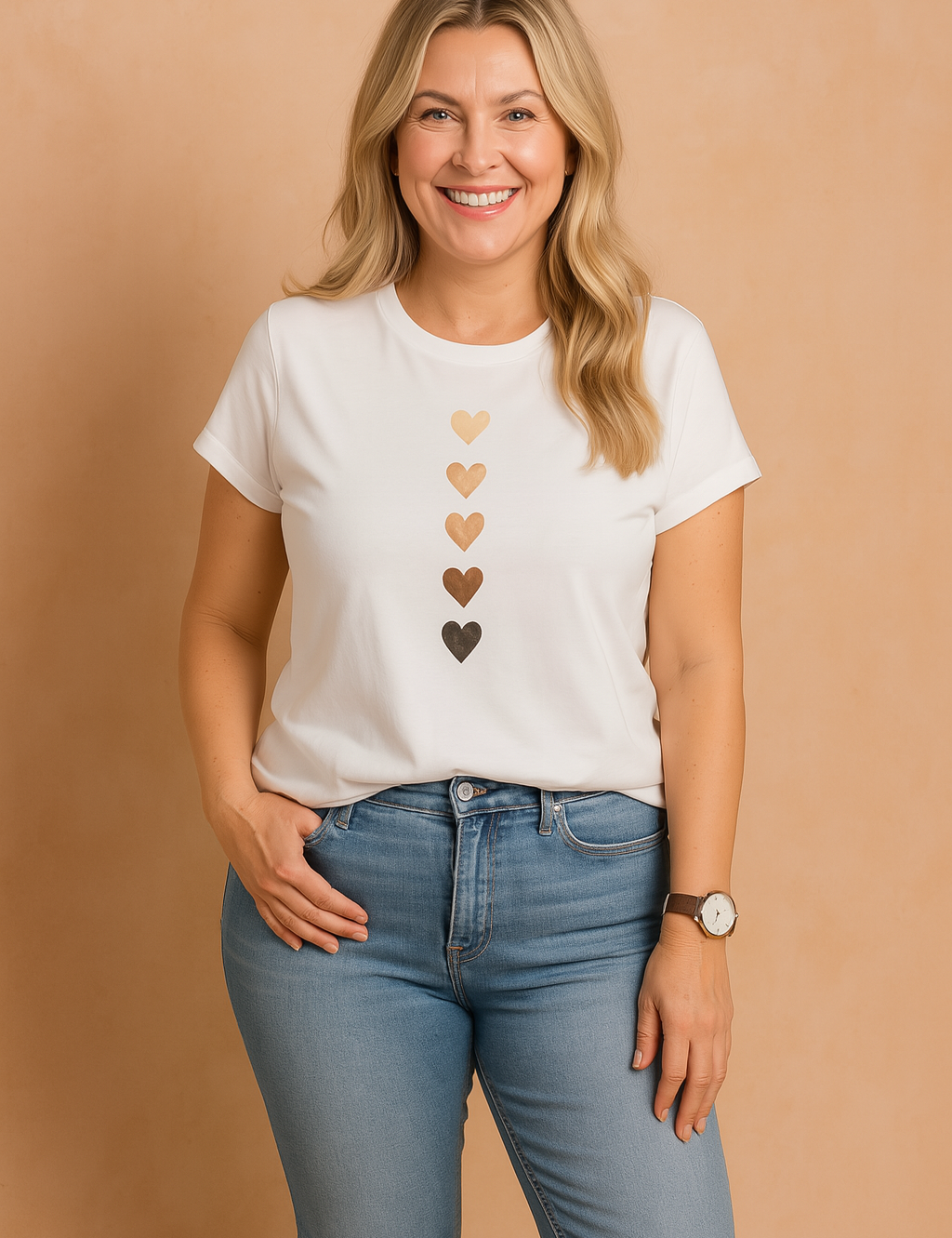 White crew-neck t-shirt with a vertical gradient of six heart graphics in varying skin tones, paired with mid-rise blue jeans and a brown leather-strapped watch.