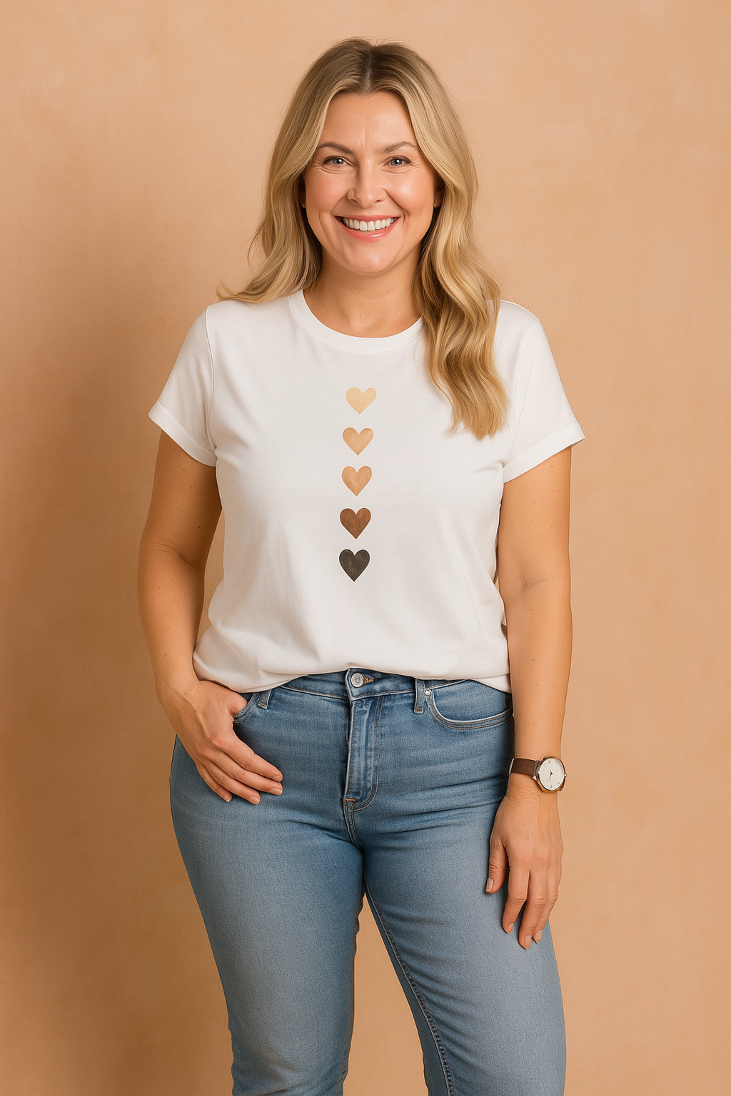 White crew-neck t-shirt with a vertical gradient of six heart graphics in varying skin tones, paired with mid-rise blue jeans and a brown leather-strapped watch.
