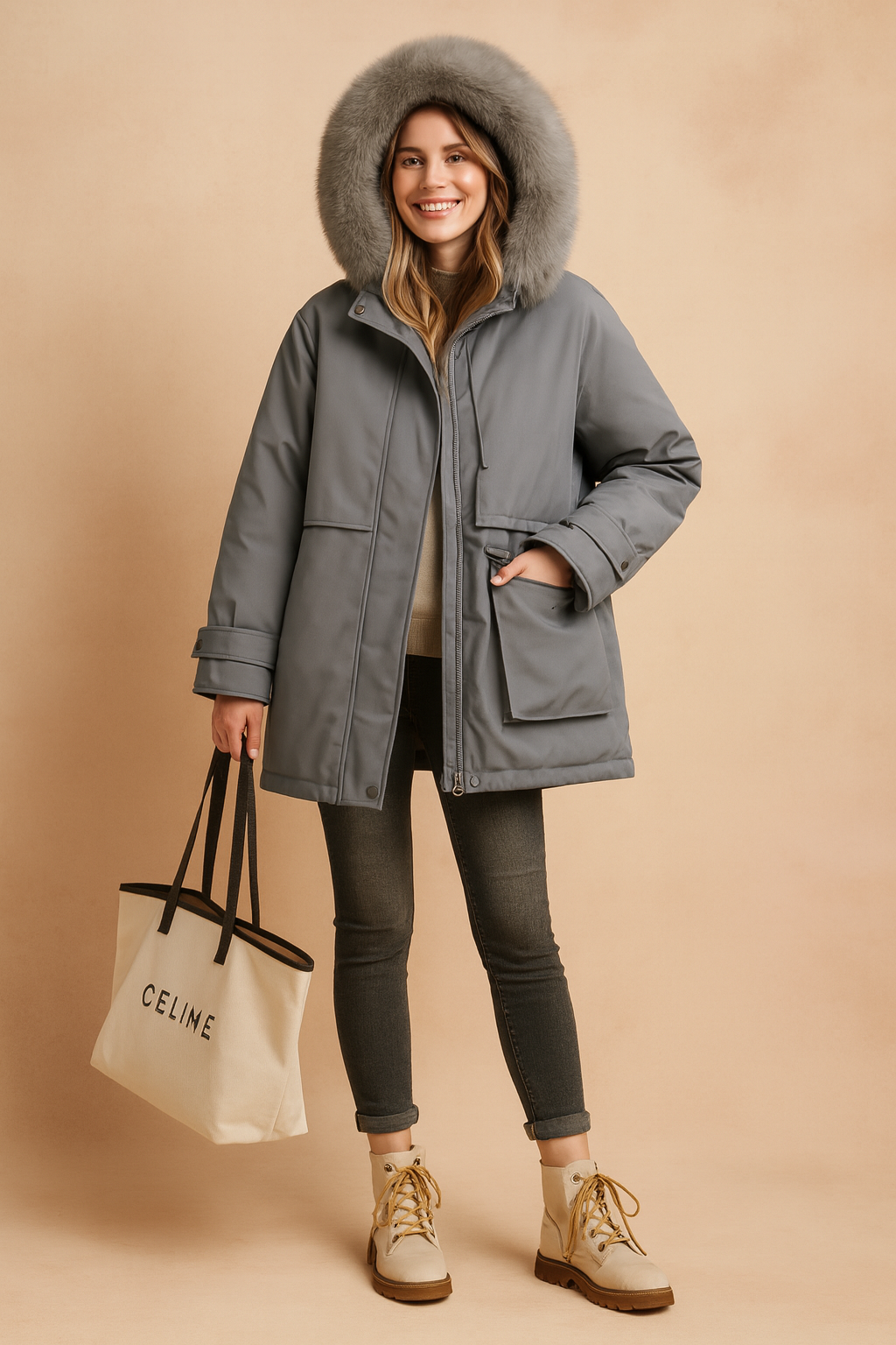 Gray hooded winter parka jacket with faux fur collar, front pockets, button and zipper closure, styled with dark slim-fit jeans and beige lace-up ankle boots.