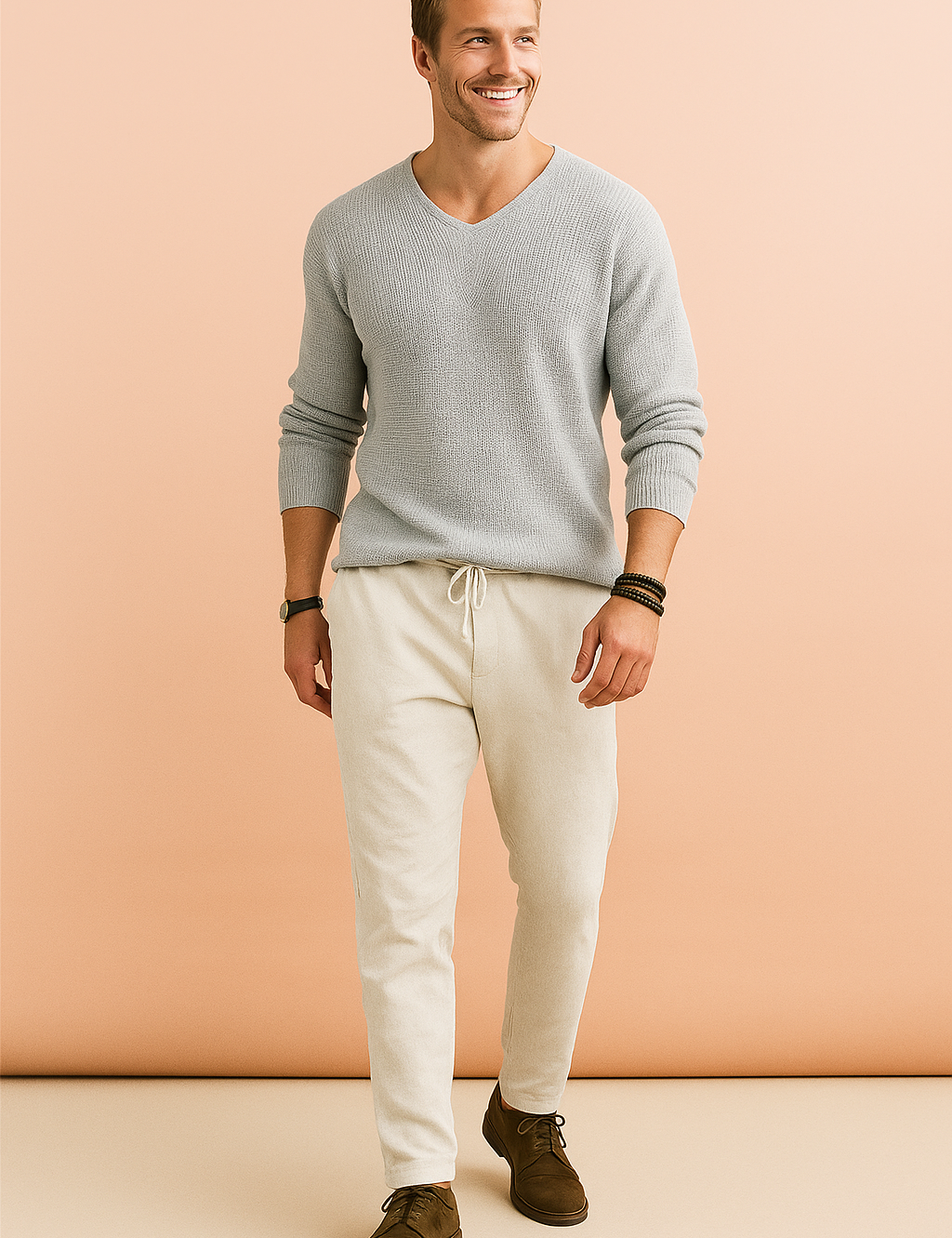 Light gray textured knit sweater paired with off-white drawstring pants and brown suede lace-up shoes.