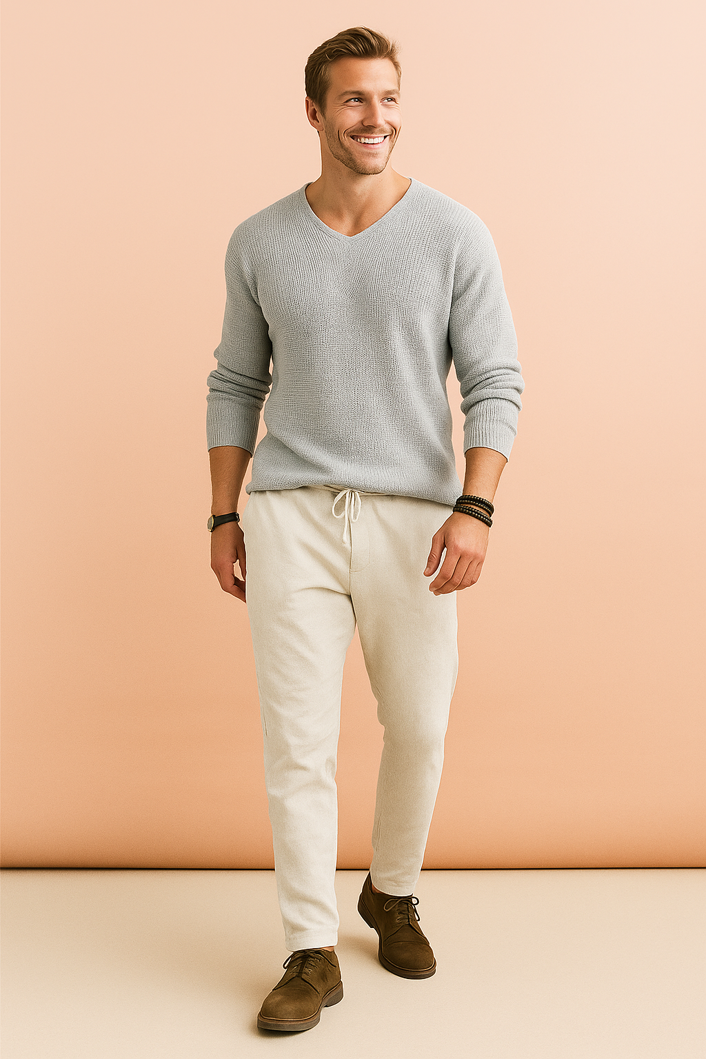 Light gray textured knit sweater paired with off-white drawstring pants and brown suede lace-up shoes.