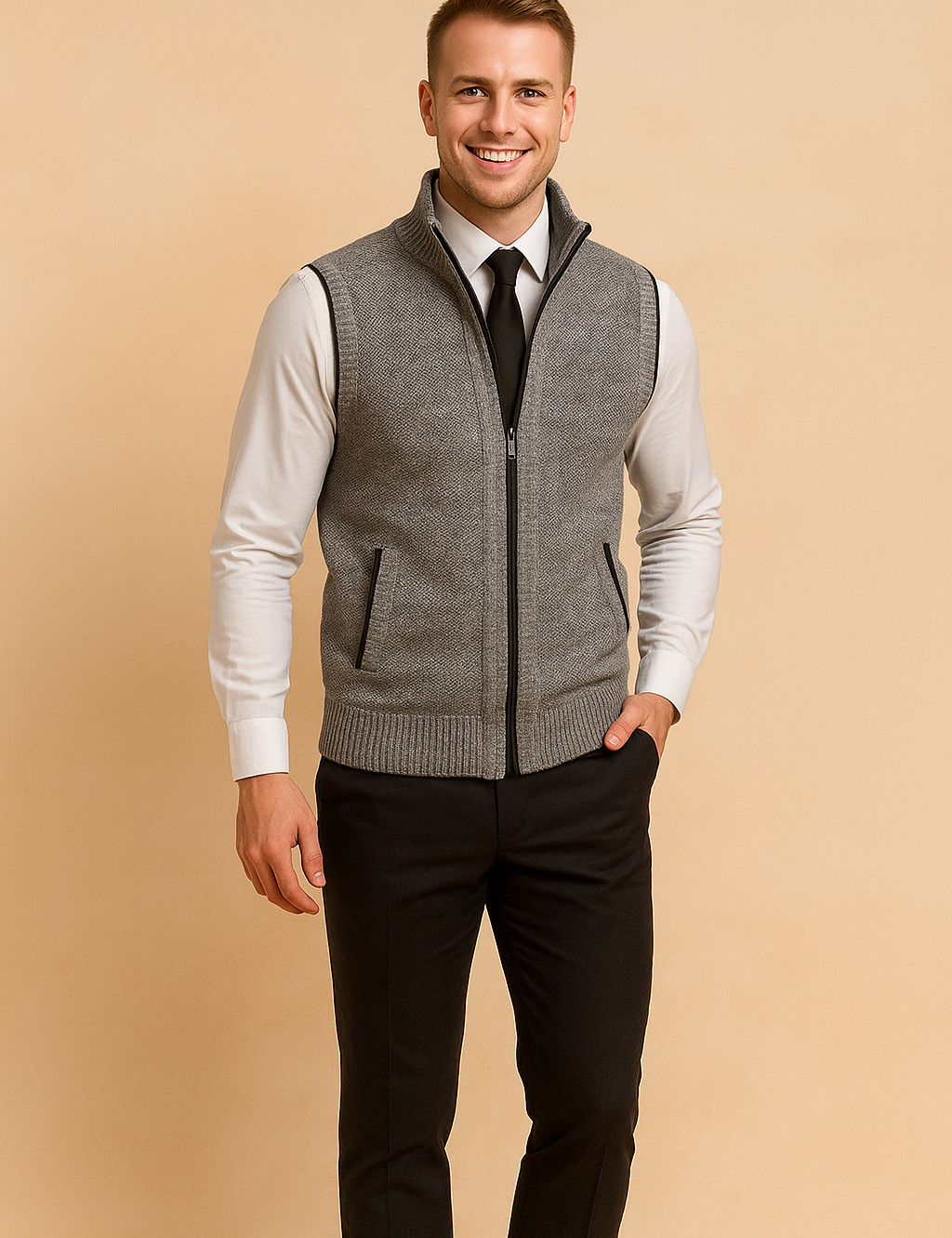 Gray zip-up knit sweater vest with front pockets, paired with a white dress shirt, black tie, navy trousers, and black leather shoes.