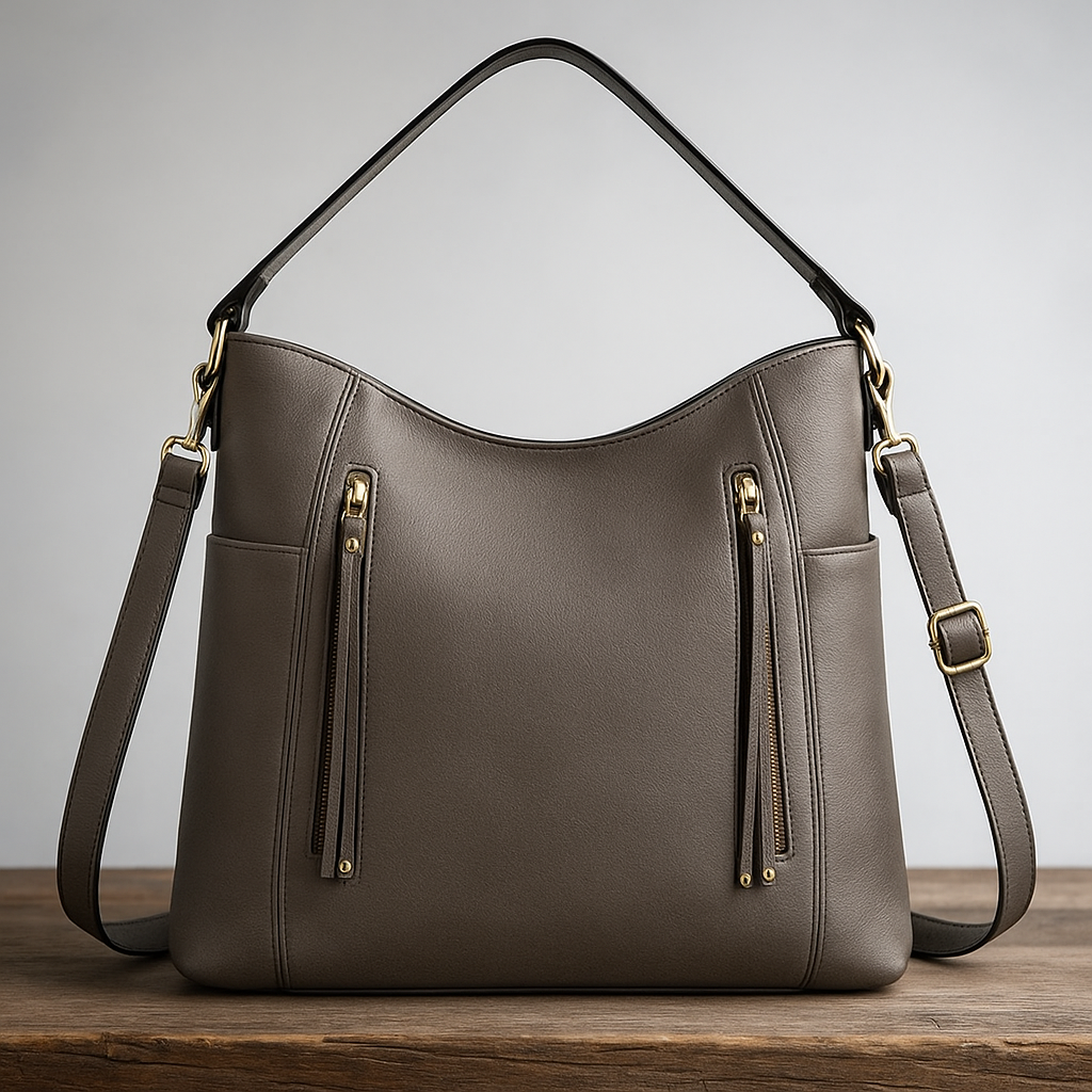 Gray leather hobo bag with gold hardware and dual straps, displayed on a wooden platform with a soft warm gradient backdrop.