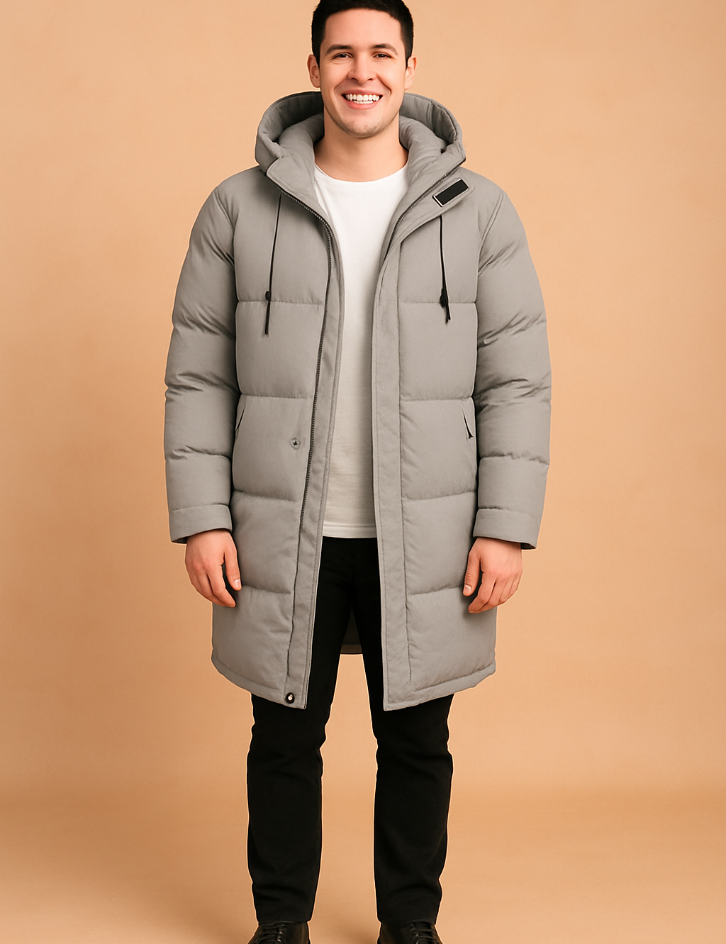 Long gray padded winter parka with hood, full zip closure, buttoned flap pockets, and adjustable drawstrings, designed for warmth and casual style.