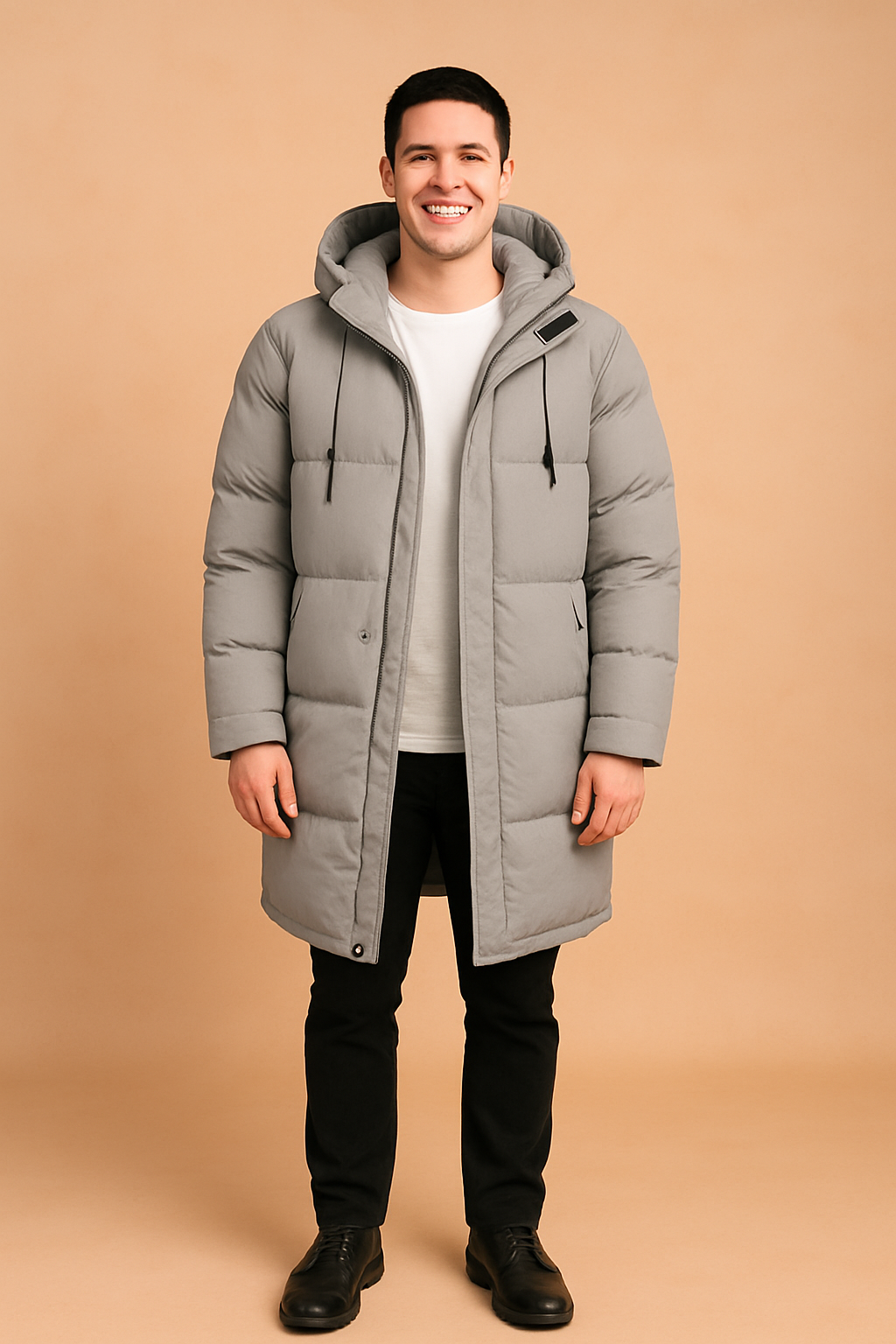 Long gray padded winter parka with hood, full zip closure, buttoned flap pockets, and adjustable drawstrings, designed for warmth and casual style.