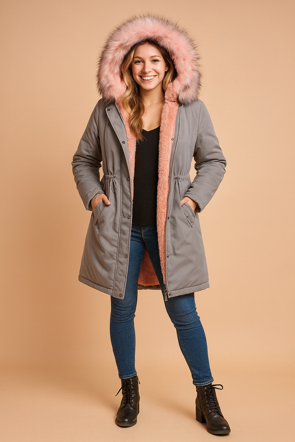 Gray winter parka jacket with faux fur hood, front zipper and snap button closure, large flap pockets, adjustable waist drawstring, paired with slim blue jeans and black ankle boots.