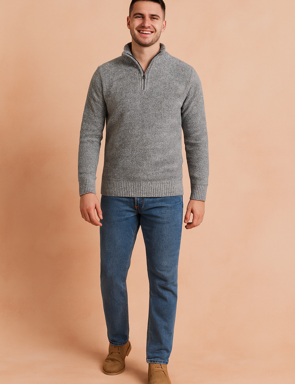 Gray quarter-zip knit sweater for men with ribbed cuffs and hem, featuring a textured fabric pattern, styled with classic casual jeans for a modern and versatile look.