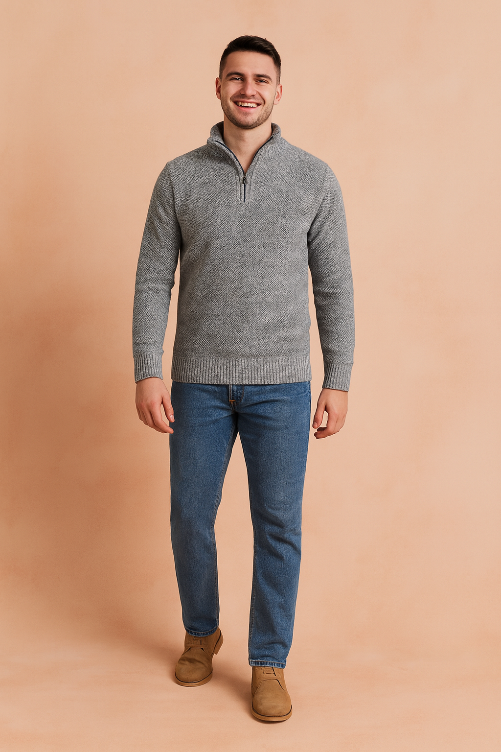 Gray quarter-zip knit sweater for men with ribbed cuffs and hem, featuring a textured fabric pattern, styled with classic casual jeans for a modern and versatile look.