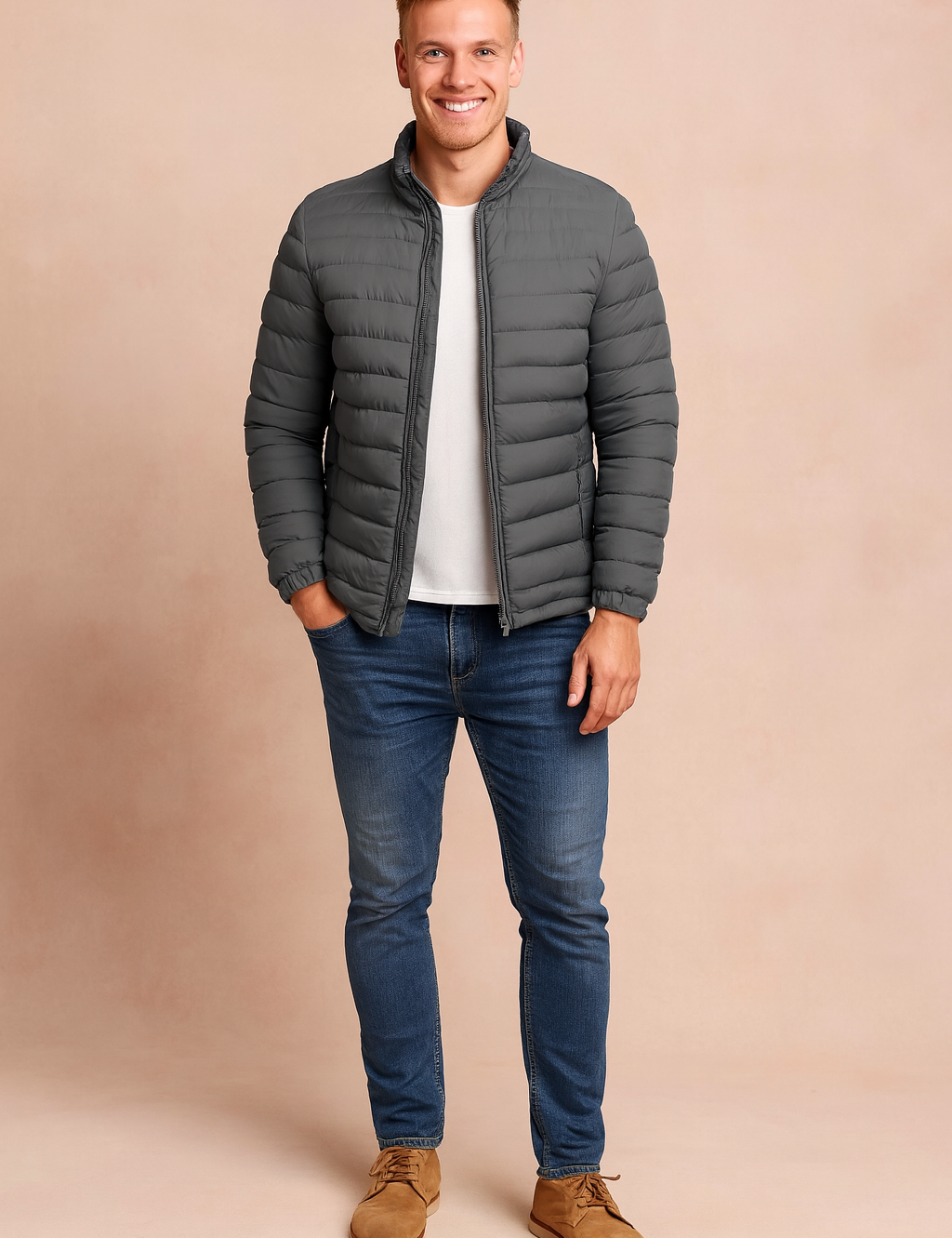 Gray quilted puffer jacket with zip closure, elastic cuffs, and side pockets styled for a modern casual look.
