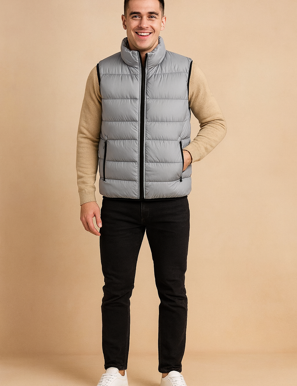 Gray quilted puffer vest with front zipper and side pockets, styled over a cream sweater for a modern winter outfit.