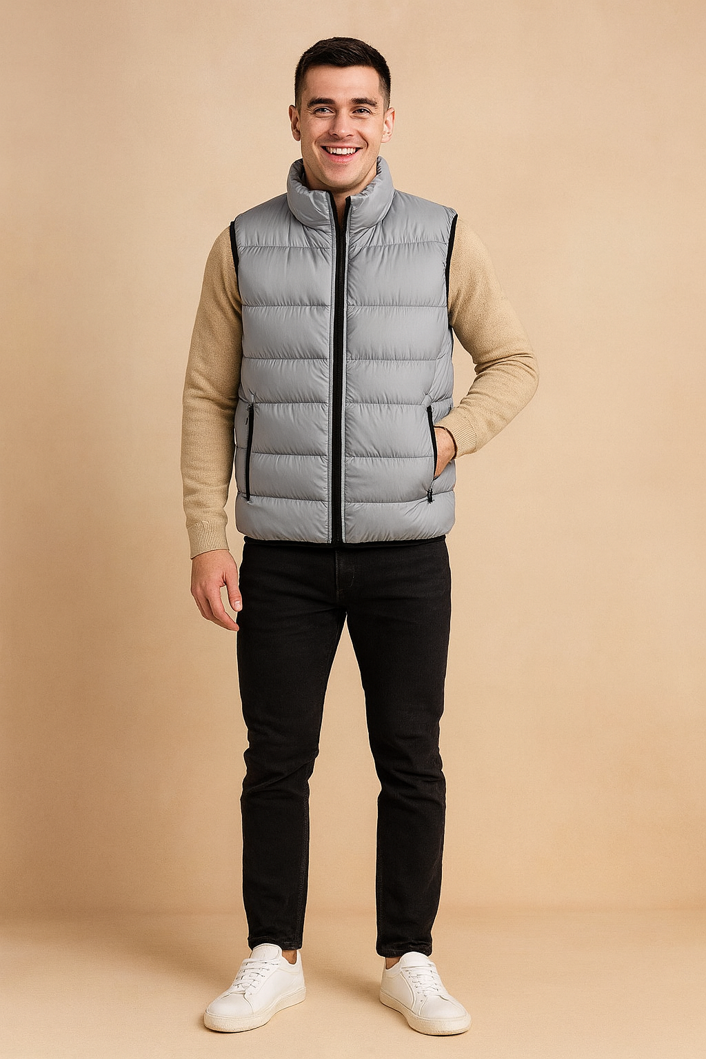 Gray quilted puffer vest with front zipper and side pockets, styled over a cream sweater for a modern winter outfit.
