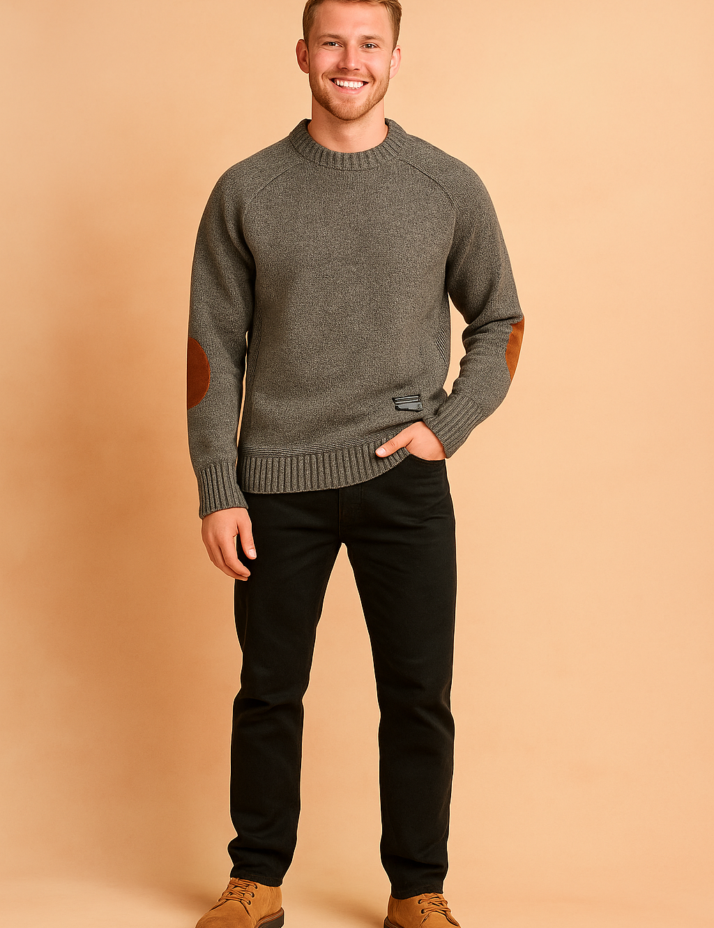 Gray knit crewneck sweater with brown suede elbow patches, ribbed cuffs and hem, styled with black trousers and tan suede lace-up shoes.