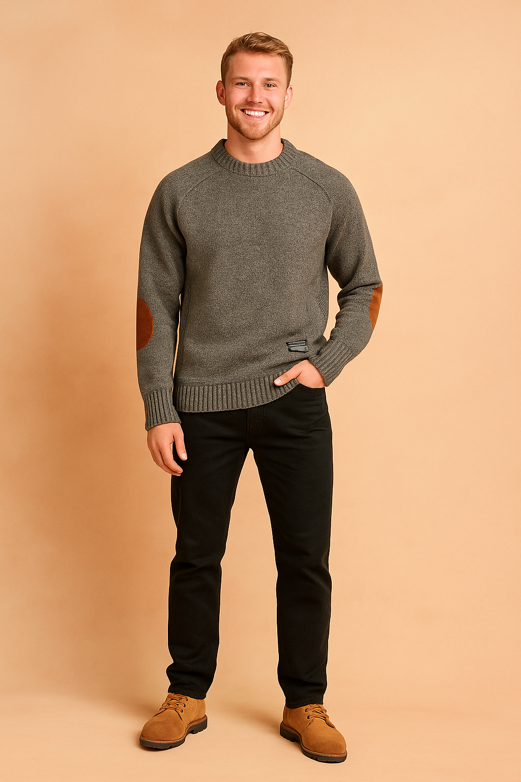 Gray knit crewneck sweater with brown suede elbow patches, ribbed cuffs and hem, styled with black trousers and tan suede lace-up shoes.