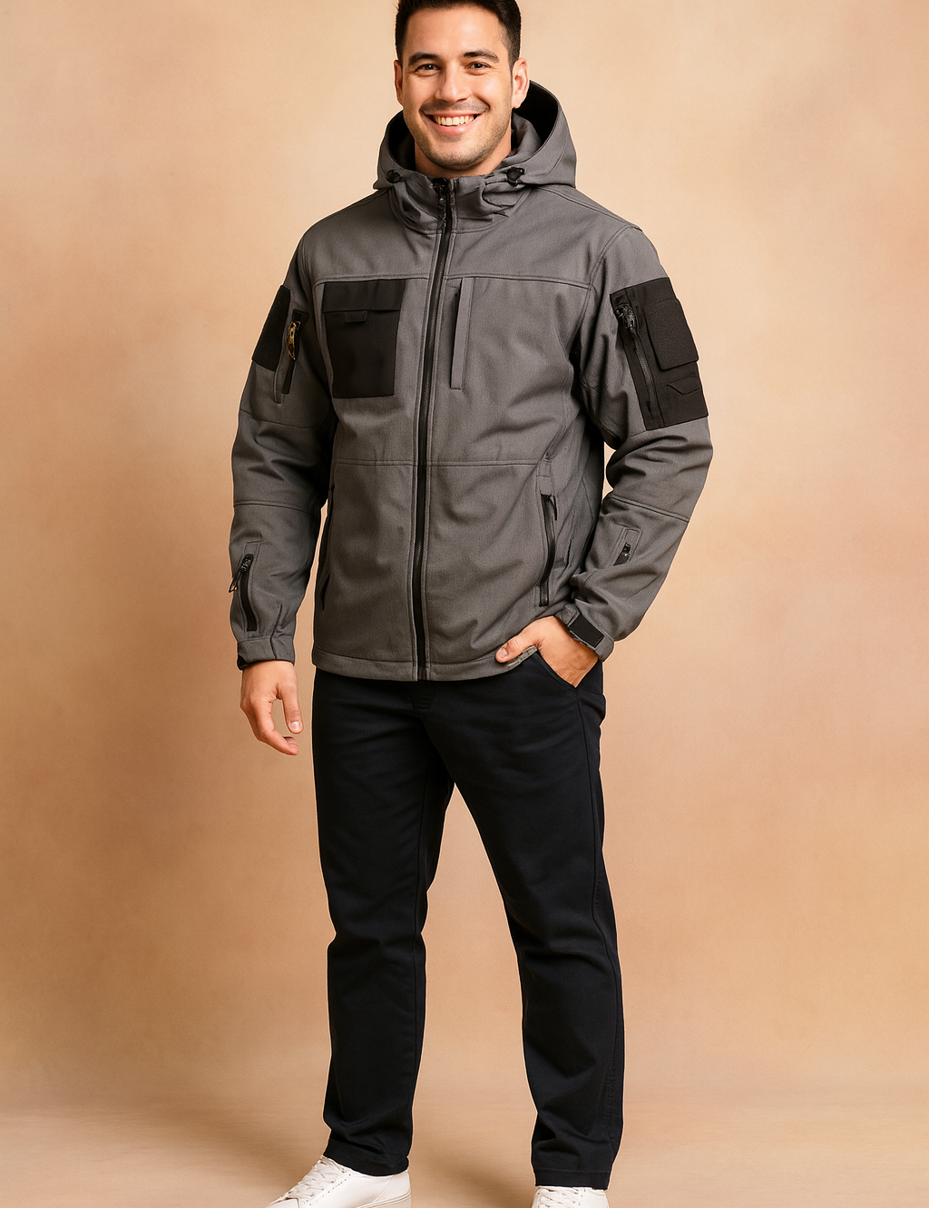 Gray tactical softshell jacket with black utility pockets, multiple zippers, and a hood, styled with black trousers and white sneakers.