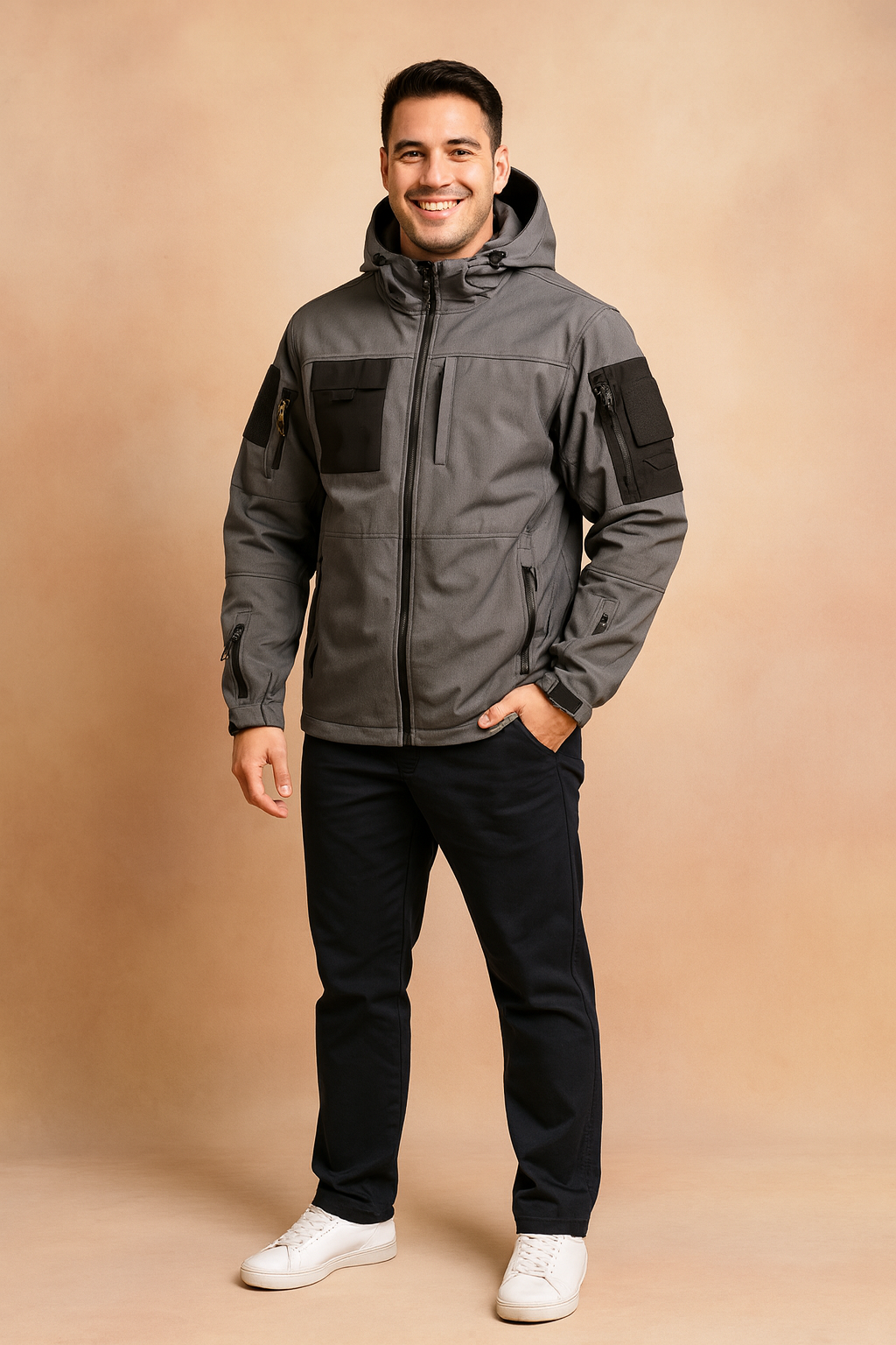 Gray tactical softshell jacket with black utility pockets, multiple zippers, and a hood, styled with black trousers and white sneakers.