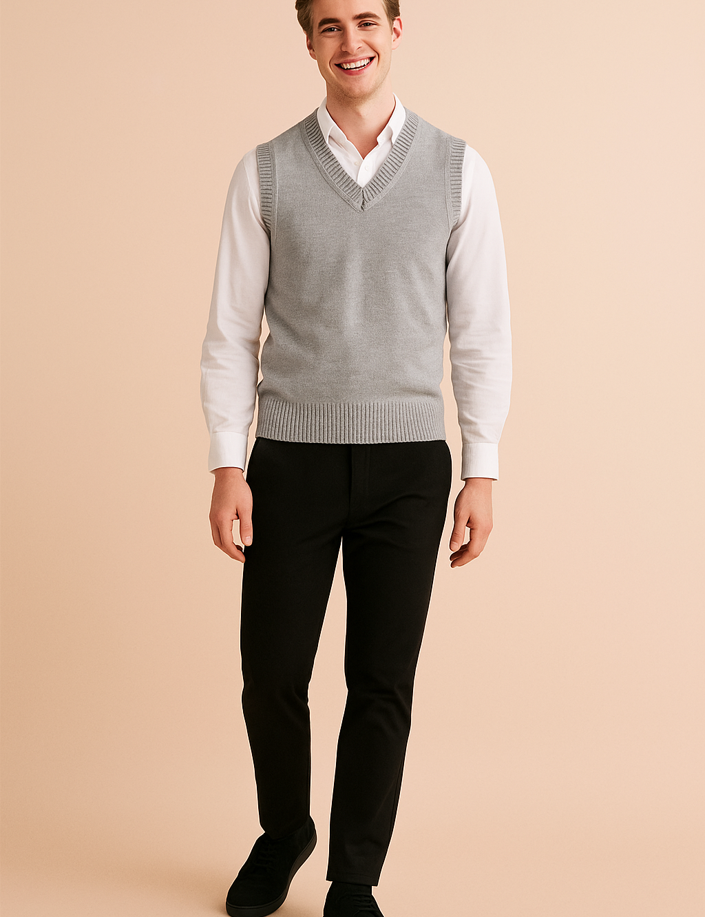Neutral gray V-neck sweater with a classic knit design.