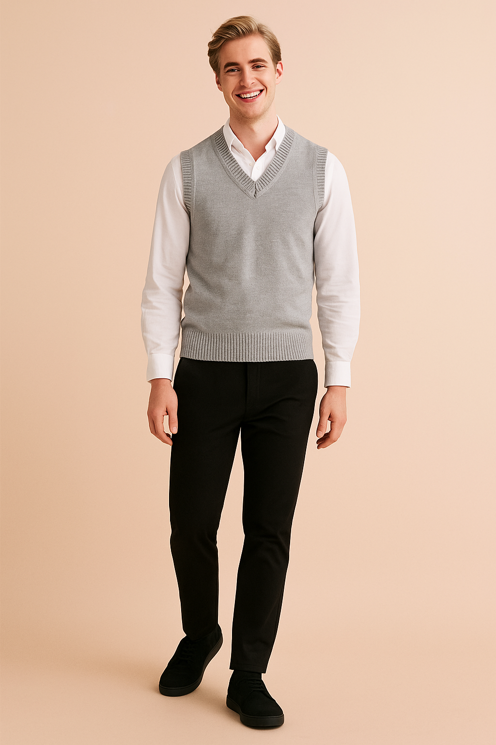 Neutral gray V-neck sweater with a classic knit design.