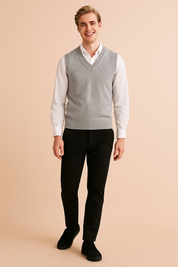 Neutral gray V-neck sweater with a classic knit design.