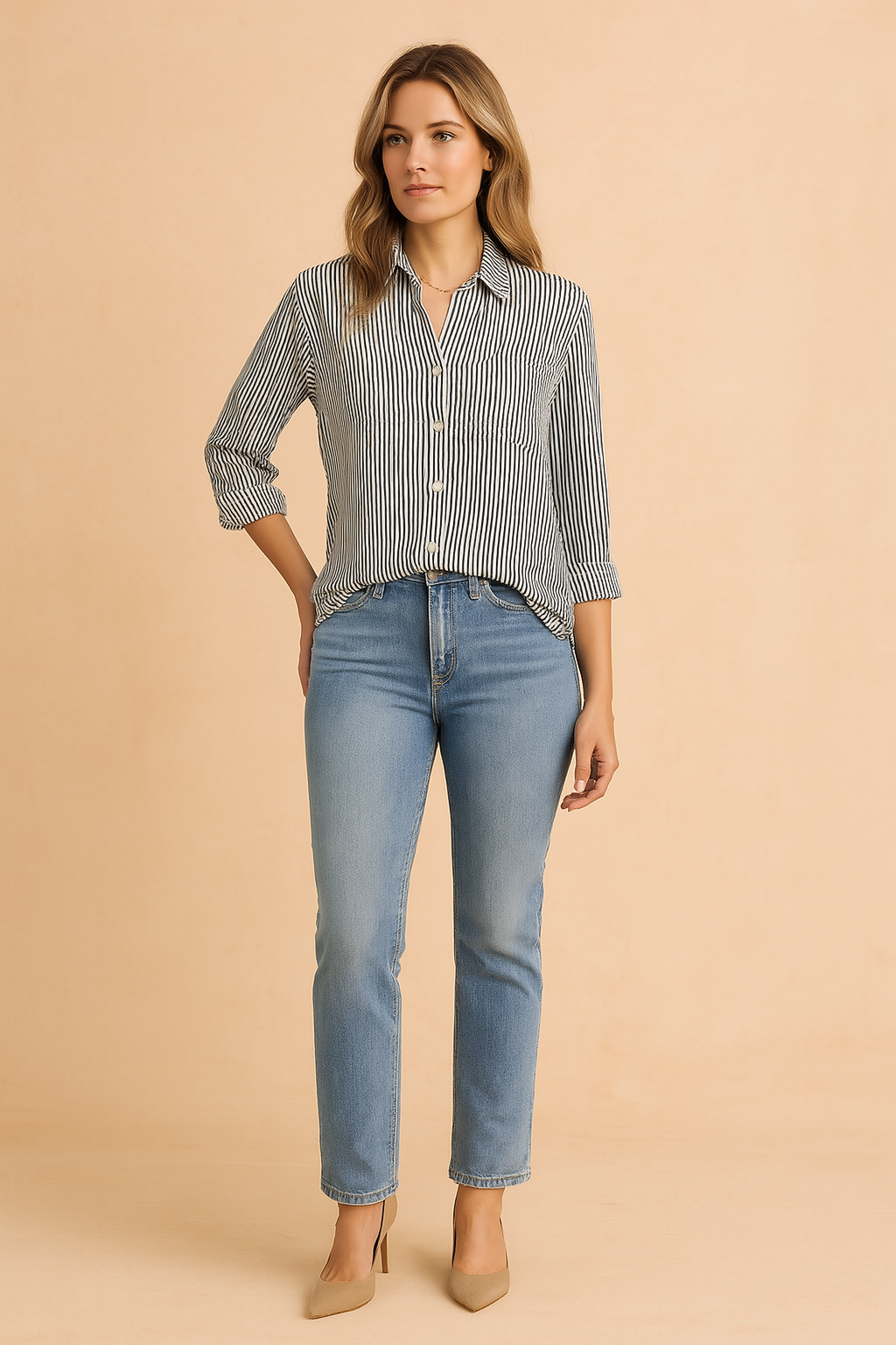 Classic striped button-up blouse with vertical navy and white lines, designed with a relaxed fit and front pocket, paired with high-waisted light wash denim jeans and navy ballet flats for a polished casual look.
