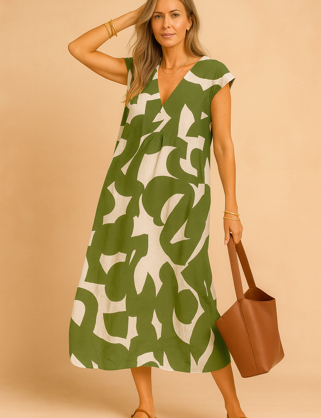 European woman modeling a green and beige abstract print summer dress with V-neckline, styled with a brown leather tote and sandals, standing in a warm sand and pastel pink studio background.