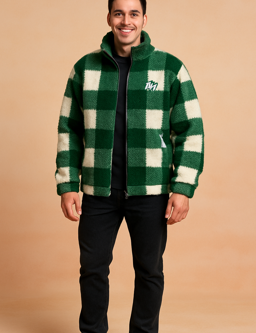 Green and white checkered fleece jacket with zip closure, high collar, and casual relaxed fit.