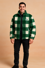 Green and white checkered fleece jacket with zip closure, high collar, and casual relaxed fit.