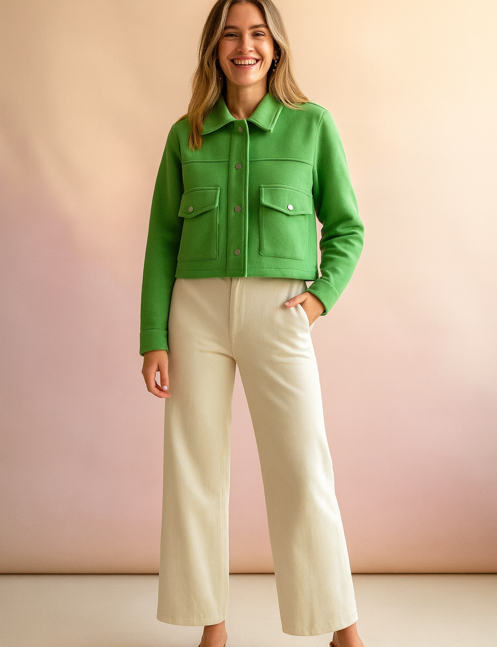 Green cropped utility jacket with front flap pockets and button closure, styled with wide-leg cream trousers and beige suede block heel shoes.