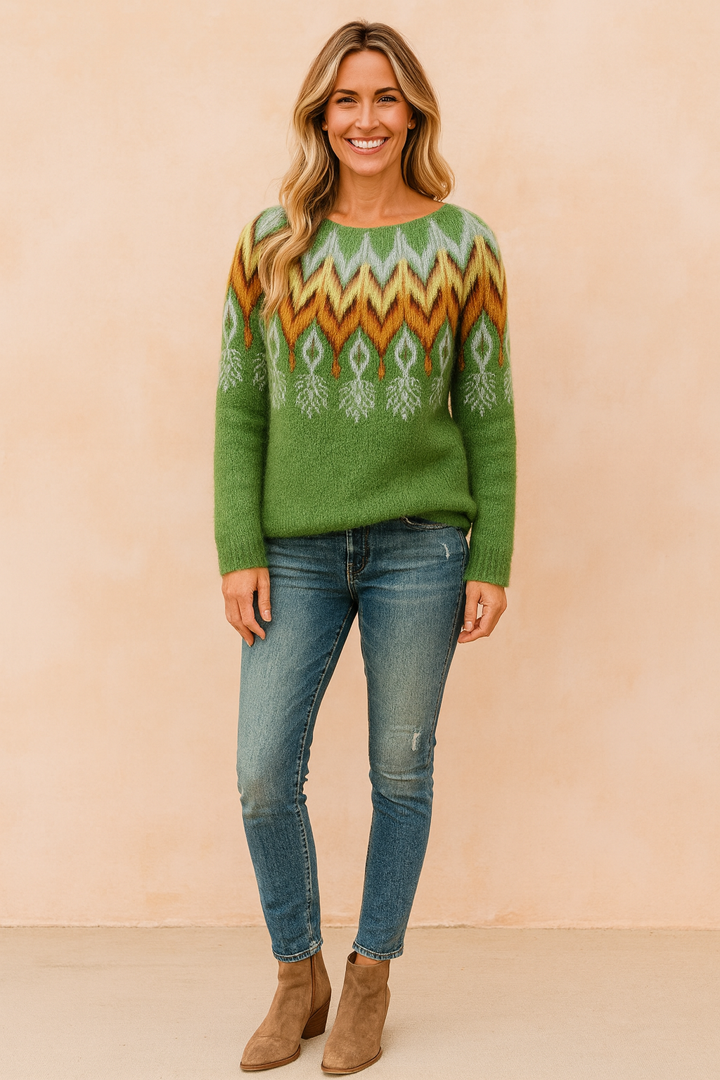 Green mohair knit sweater with multicolor Fair Isle pattern across the shoulders, paired with medium-wash fitted jeans and taupe suede ankle boots.