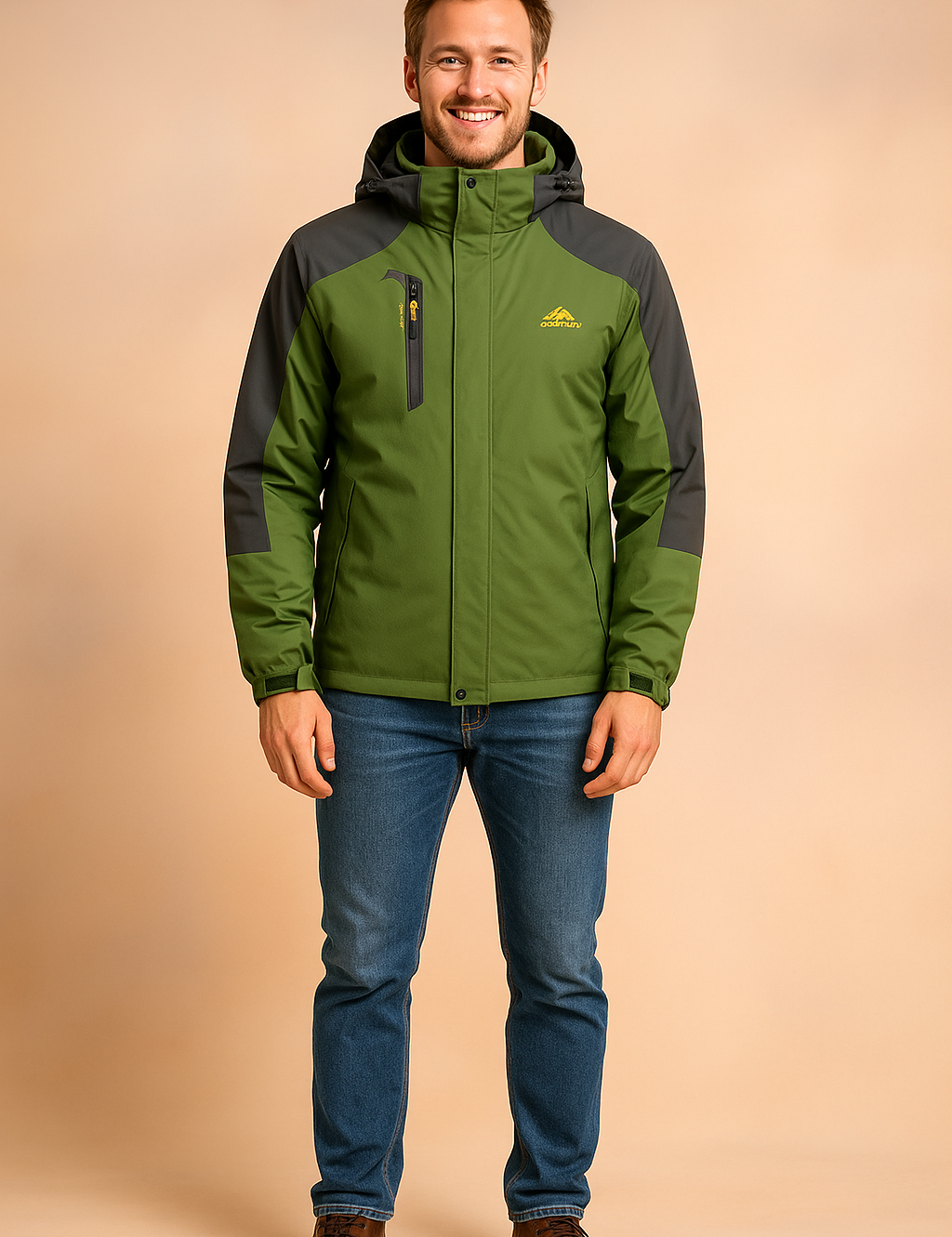 Green and charcoal gray outdoor waterproof hiking jacket with hood, front zipper closure, chest pocket, and durable fabric design.
