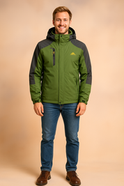 Green and charcoal gray outdoor waterproof hiking jacket with hood, front zipper closure, chest pocket, and durable fabric design.