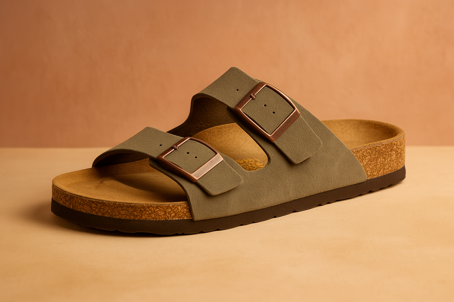  suede slip-on sandal featuring a contoured cork footbed and two wide straps with oversized brown buckles for adjustable comfort.