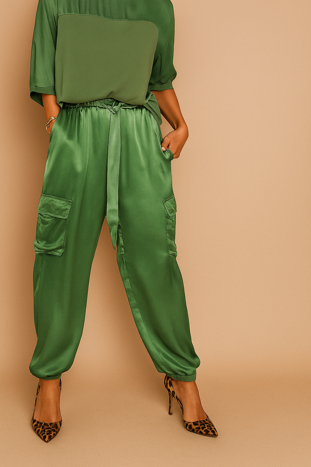 Green satin cargo pants with elastic cuffs, side flap pockets, and a matching fabric tie-waist styled with leopard-print heels.