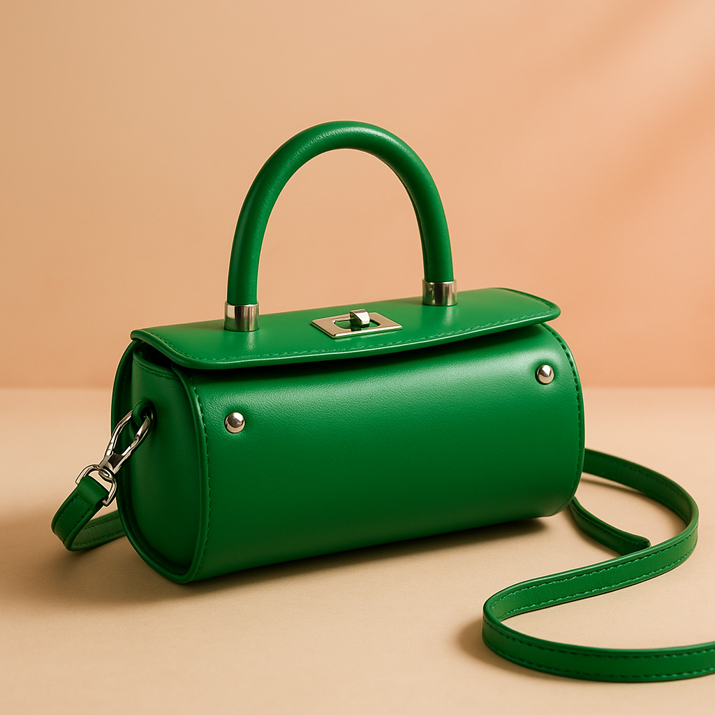 Glossy green structured handbag with a top handle and silver-tone hardware, featuring a smooth cylindrical body and detachable strap.