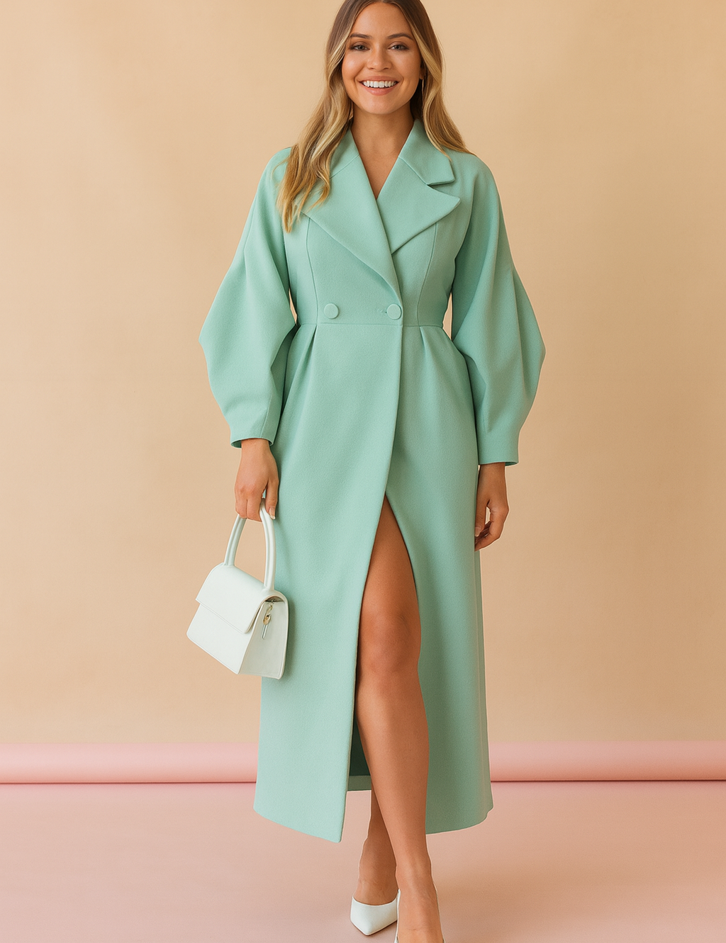Elegant mint green trench coat with voluminous sleeves, double-breasted front, waist-cinching fit, and thigh-high front slit, paired with white stiletto heels and a structured white handbag.