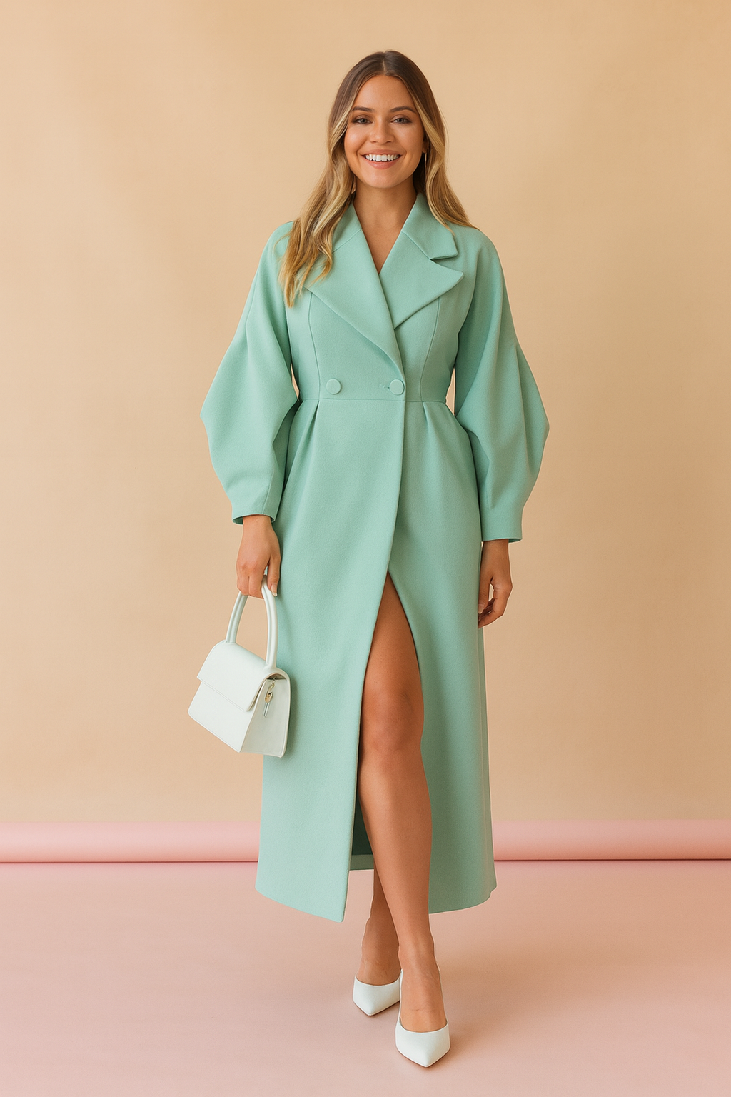 Elegant mint green trench coat with voluminous sleeves, double-breasted front, waist-cinching fit, and thigh-high front slit, paired with white stiletto heels and a structured white handbag.