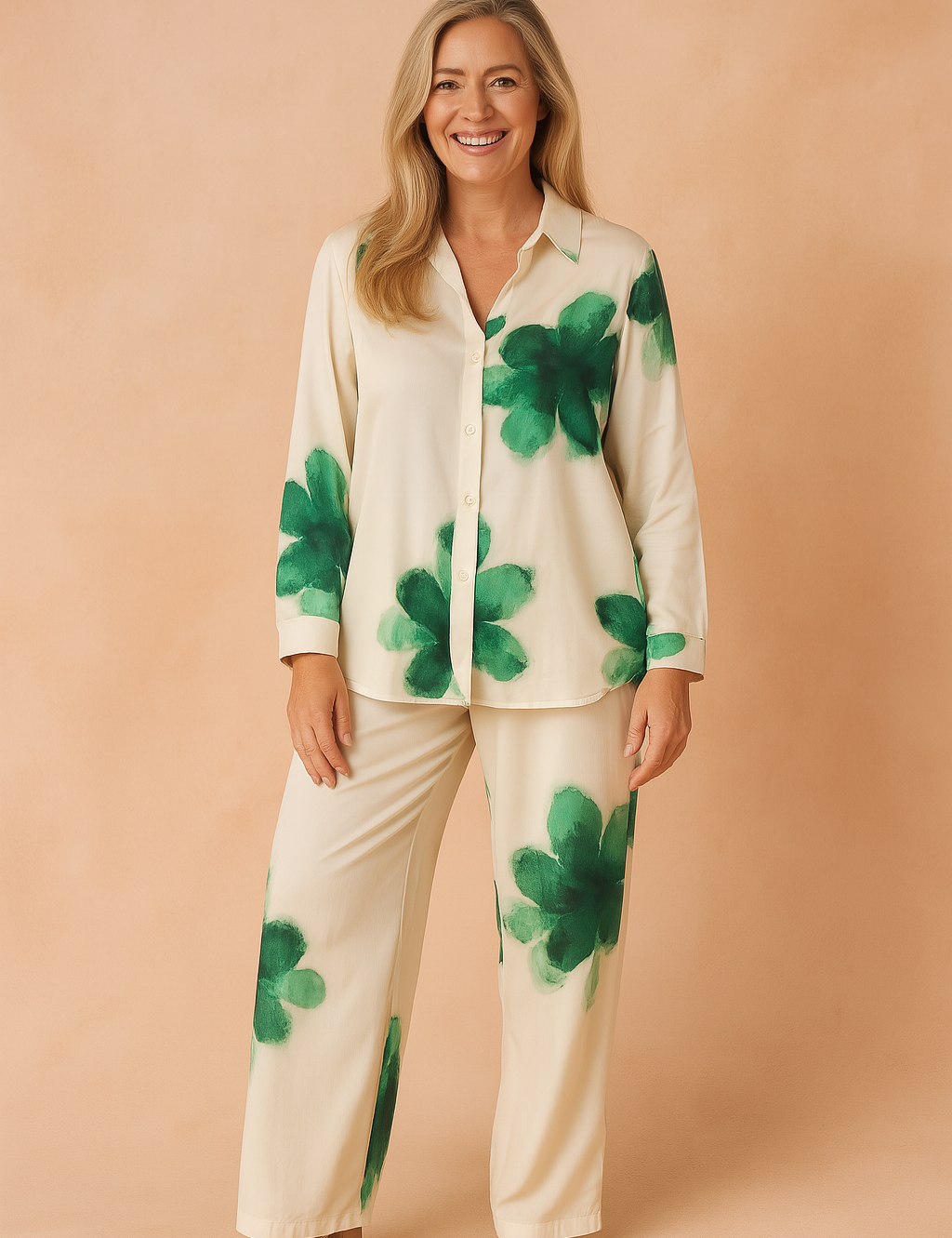 Relaxed cream-colored loungewear set featuring a button-down shirt and wide-leg trousers, both printed with oversized green watercolor-style floral patterns for a breezy, artistic look.