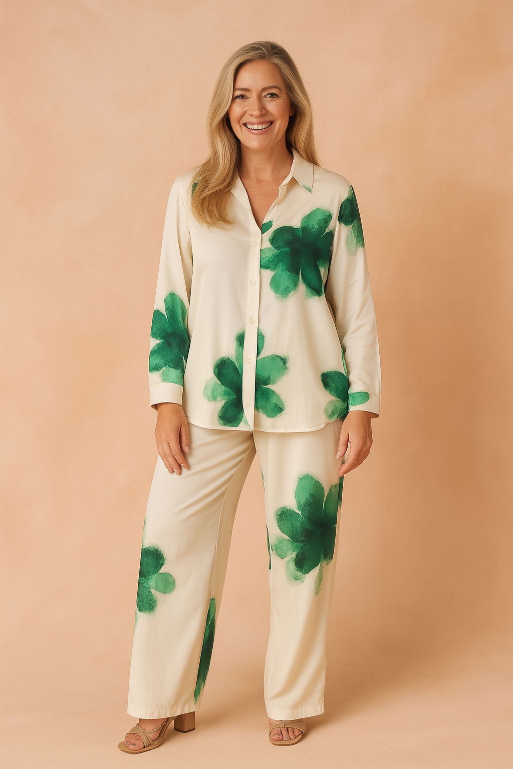 Relaxed cream-colored loungewear set featuring a button-down shirt and wide-leg trousers, both printed with oversized green watercolor-style floral patterns for a breezy, artistic look.