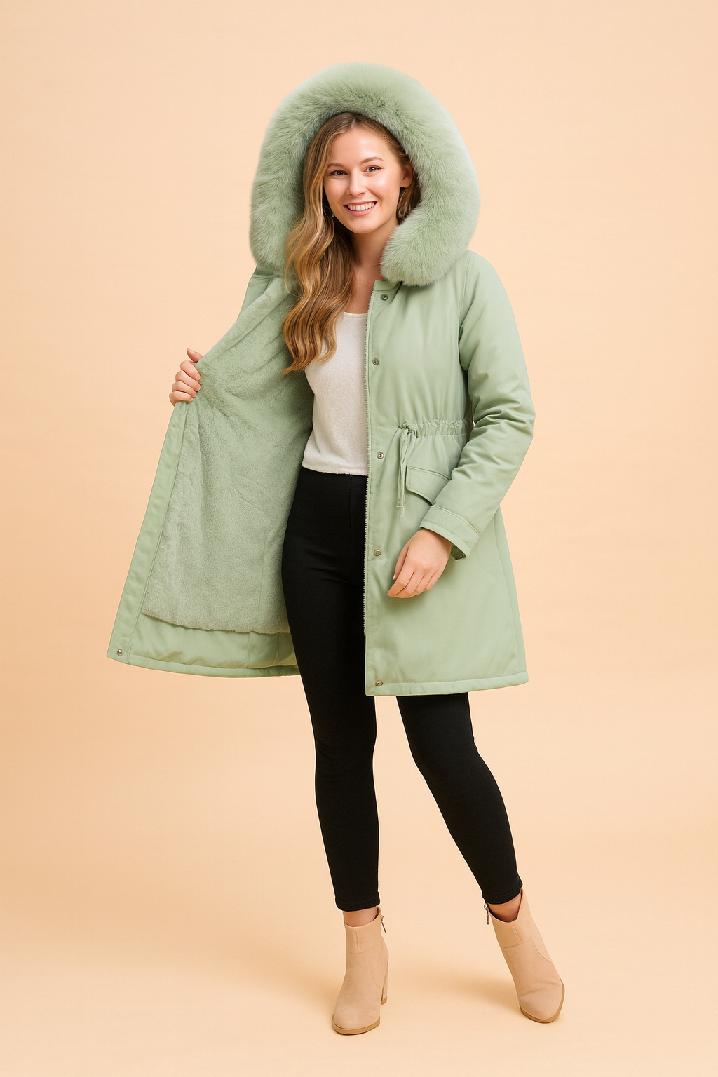 Green winter parka jacket with thick faux fur lining and hood, designed for warmth and comfort with a sleek urban style.