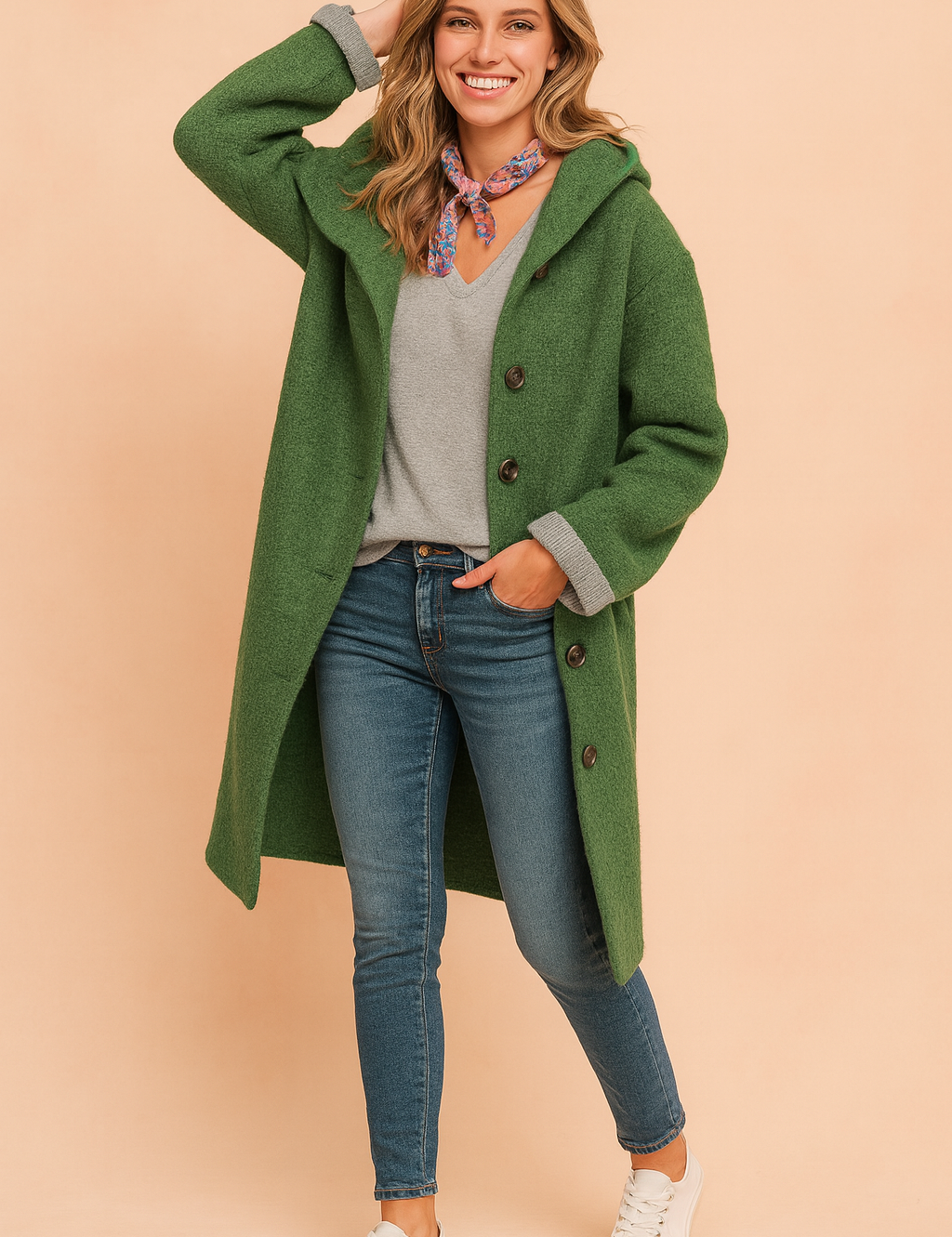 Forest green wool button-up coat with oversized collar, front button closure, and turned-up cuff detail, styled with a light grey V-neck sweater, fitted blue jeans, a patterned neck scarf, and white low-top sneakers.