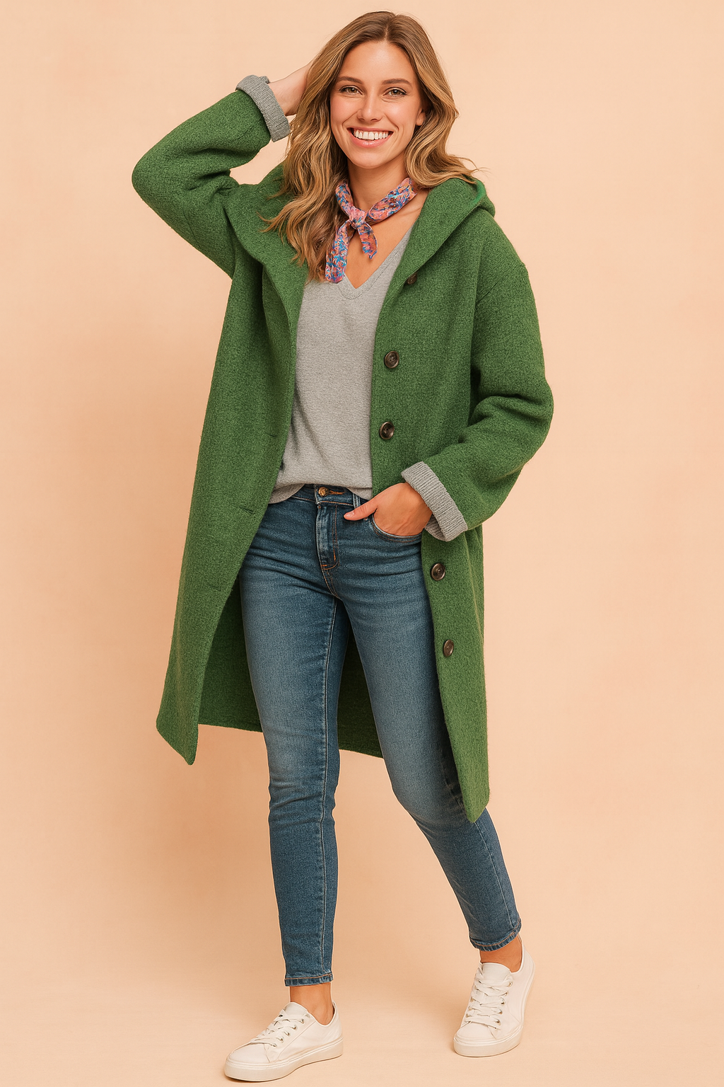 Forest green wool button-up coat with oversized collar, front button closure, and turned-up cuff detail, styled with a light grey V-neck sweater, fitted blue jeans, a patterned neck scarf, and white low-top sneakers.