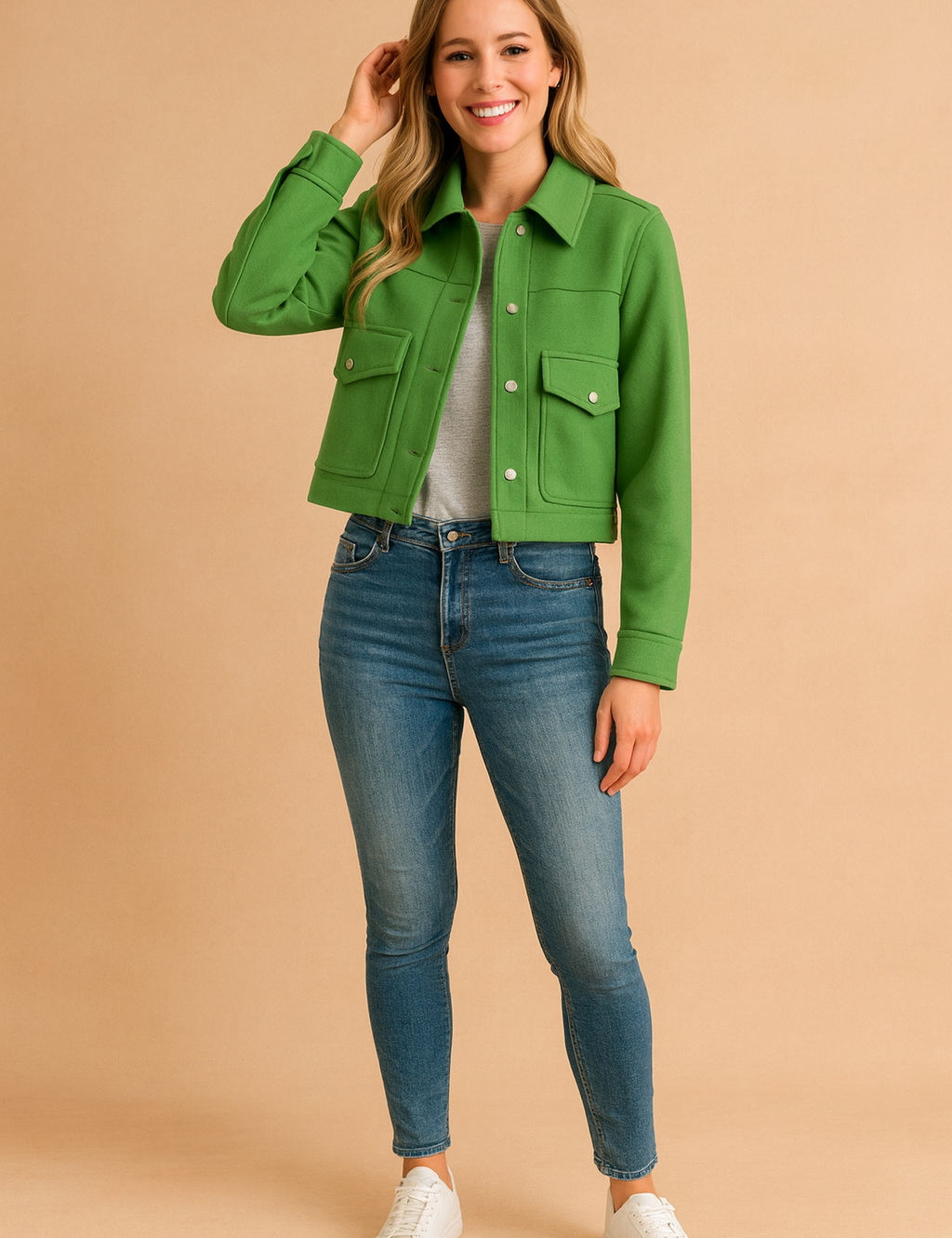 Stylish cropped green button-up jacket with front flap pockets, classic collar, and long sleeves for a modern casual look.