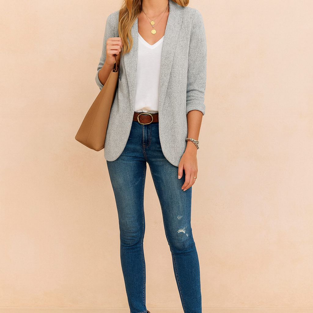 Light grey textured blazer jacket with rolled sleeves, paired with a white top and blue slim-fit jeans.