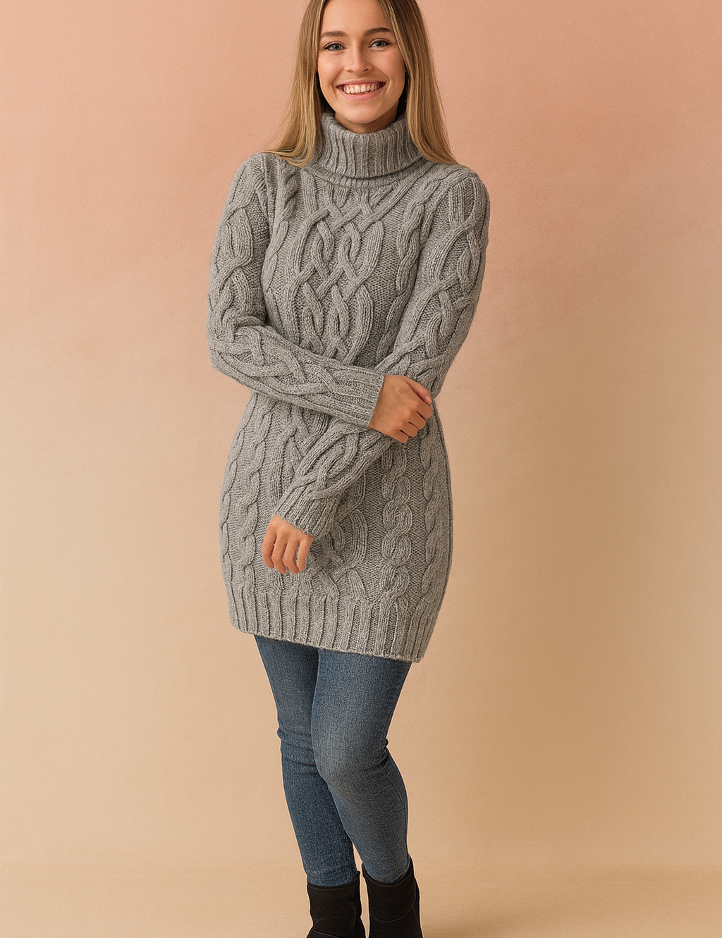 Grey cable-knit turtleneck sweater dress with intricate braided patterns, paired with fitted medium-wash skinny jeans and black suede ankle boots.