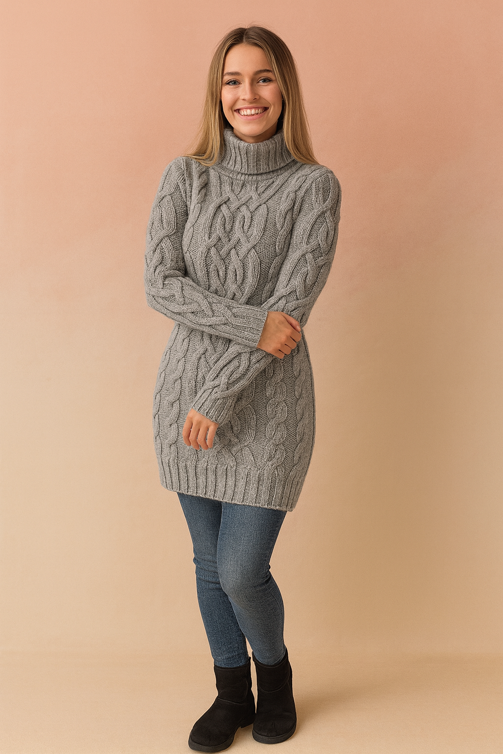Grey cable-knit turtleneck sweater dress with intricate braided patterns, paired with fitted medium-wash skinny jeans and black suede ankle boots.